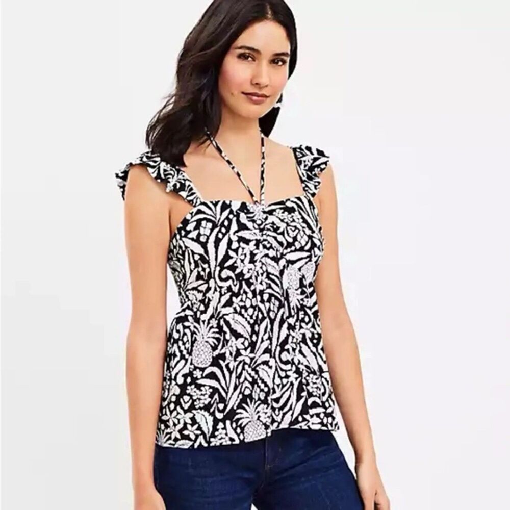 Ann Taylor Loft Top Tank Sleeveless Women M Floral Black White Tropical‎ Halter